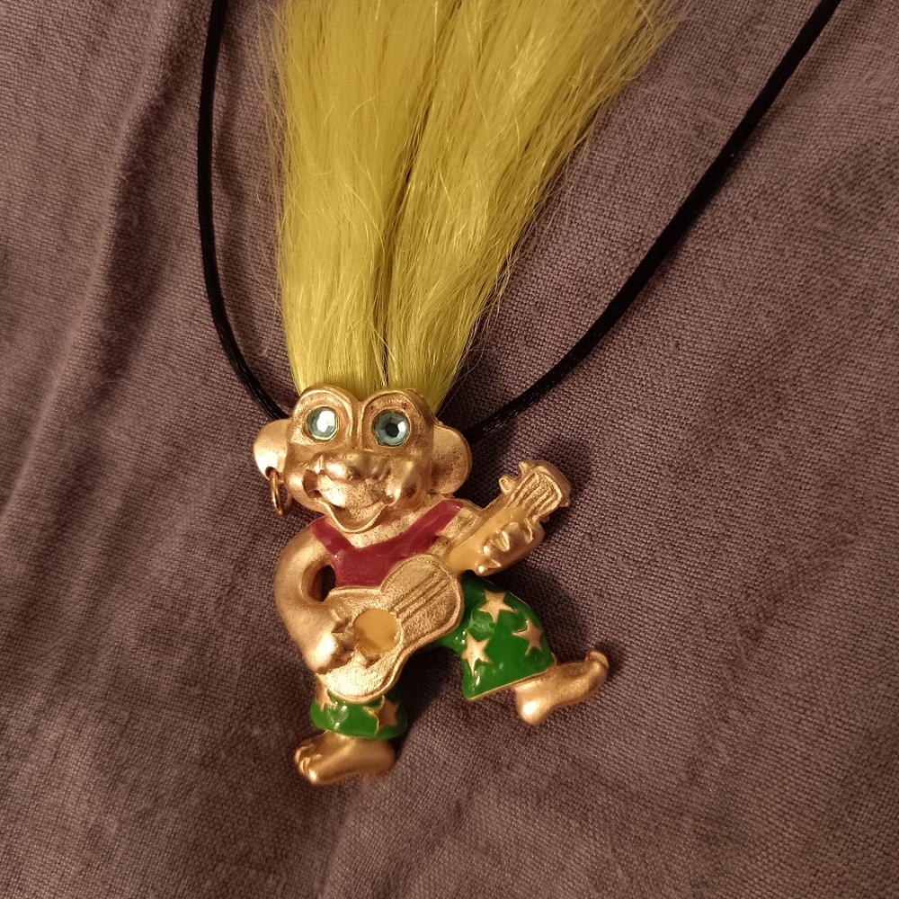 Vintage Troll Doll Necklace Gold Tone On Black Satin Cord Playing Guitar